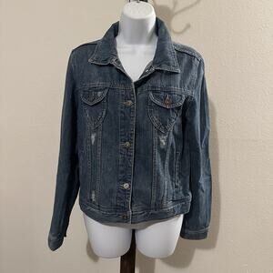 Y2K Vintage Mudd Denim Jean Jacket Women’s Large Blue Button Front Distressed